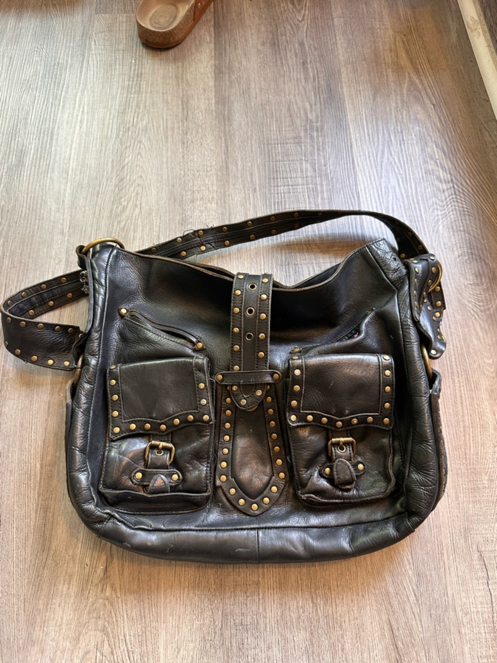 Vintage y2k Betsey Johnson Black Studded Leather Messenger Bag